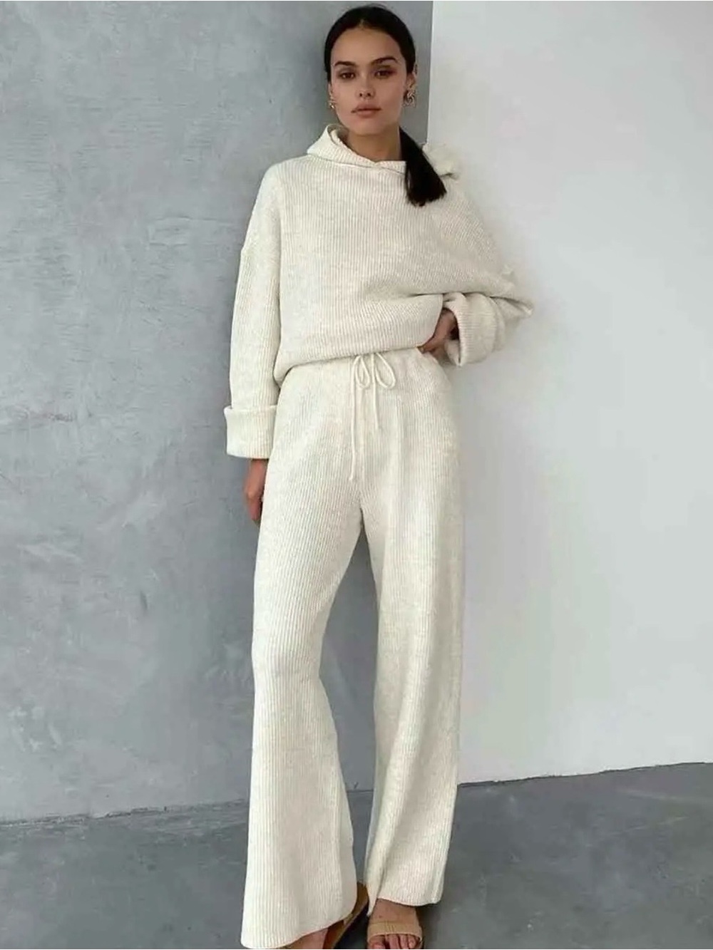 Cozy Ribbed Drawstring Lounge Pant set Cream - Picture 2 of 5